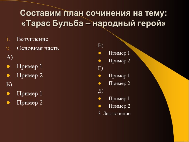 Составим план сочинения на тему: «Тарас Бульба – народный герой» Вступление Основная часть А)